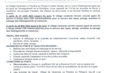 Poste à pourvoir : Agent de service/ménage, au Village Vacances La Peyrière à Saint-Geniès