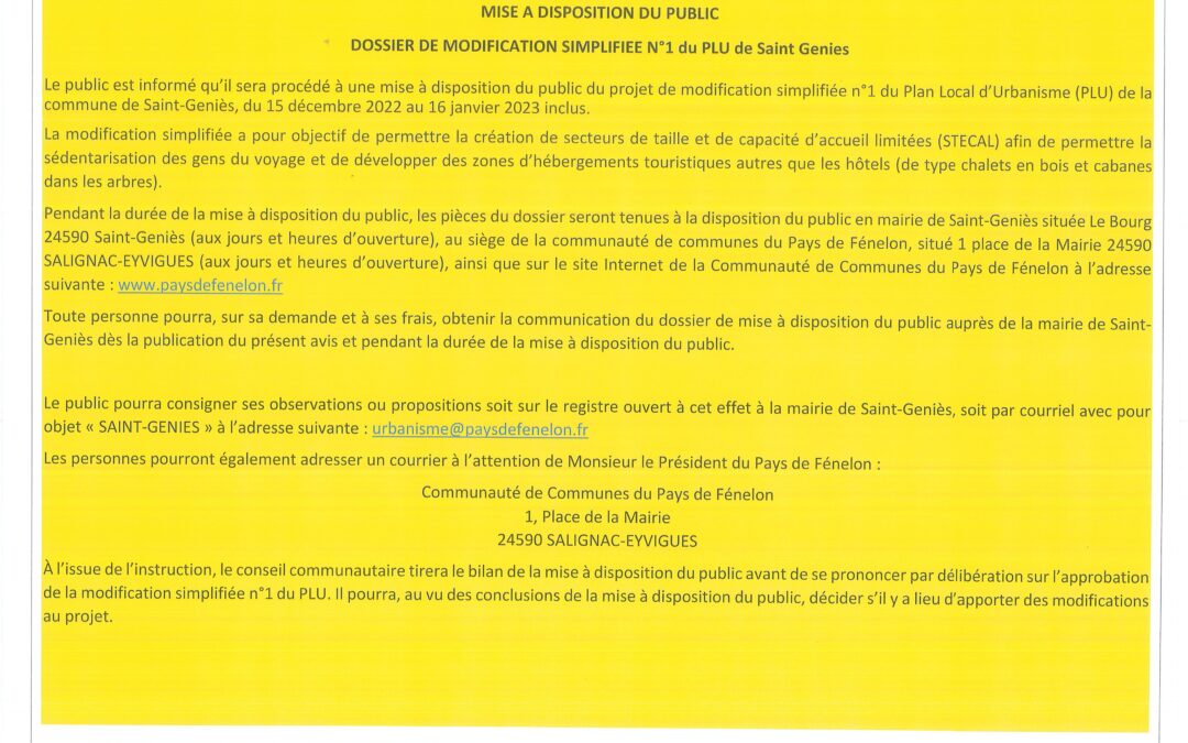 Mise à disposition du public – Dossier de modification simplifiée n°1 du PLU de Saint-Geniès.