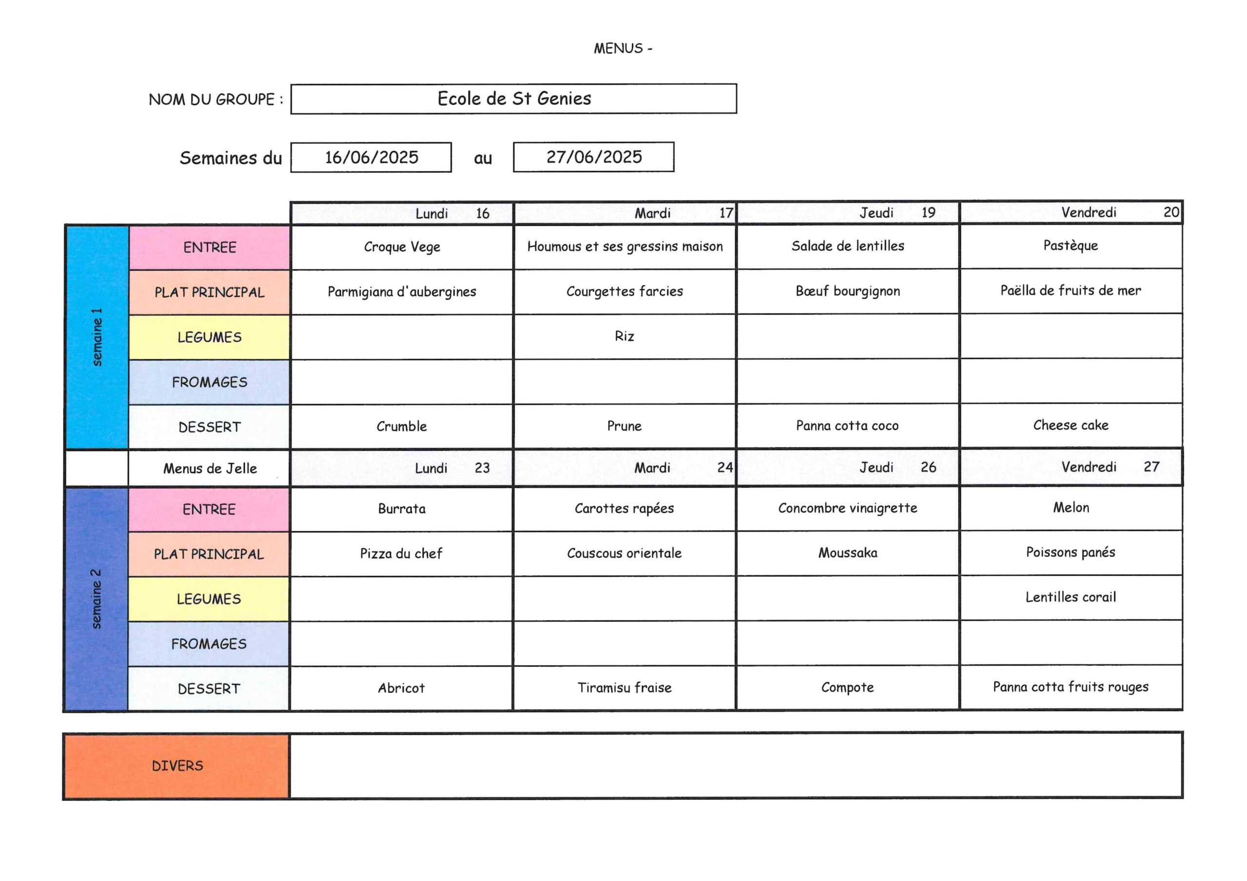 menus cantine